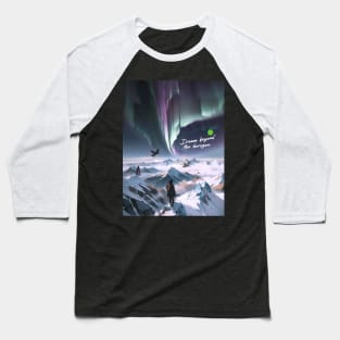 Tranquil Landscape: Aurora Borealis & Birds Flying High on top of Iced Mountains Baseball T-Shirt